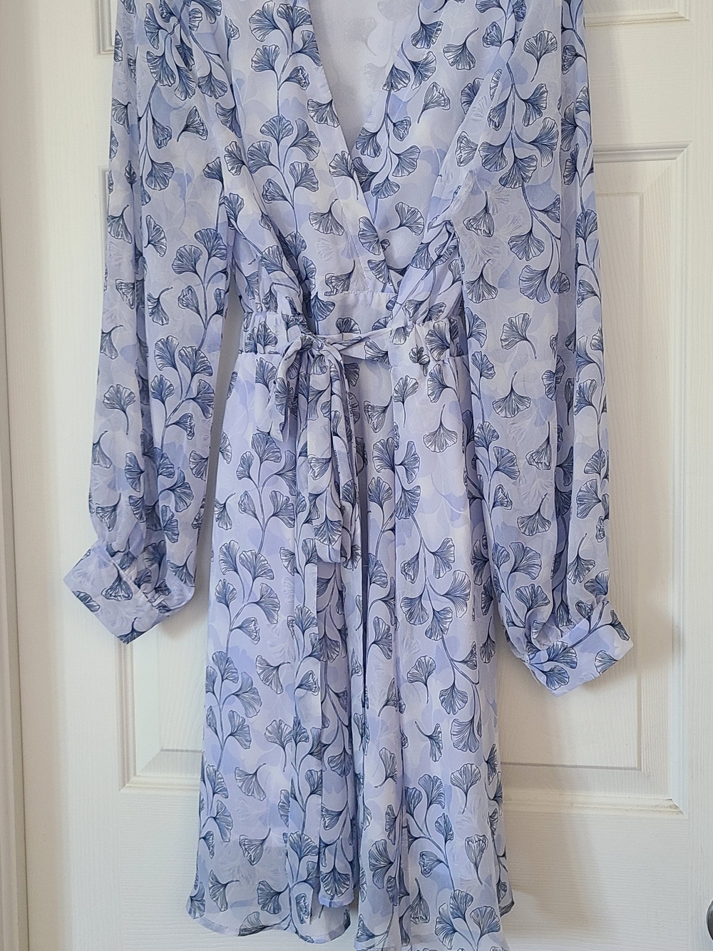 Light Blue Floral Tie-Waist Long Sleeve Wrap Dress